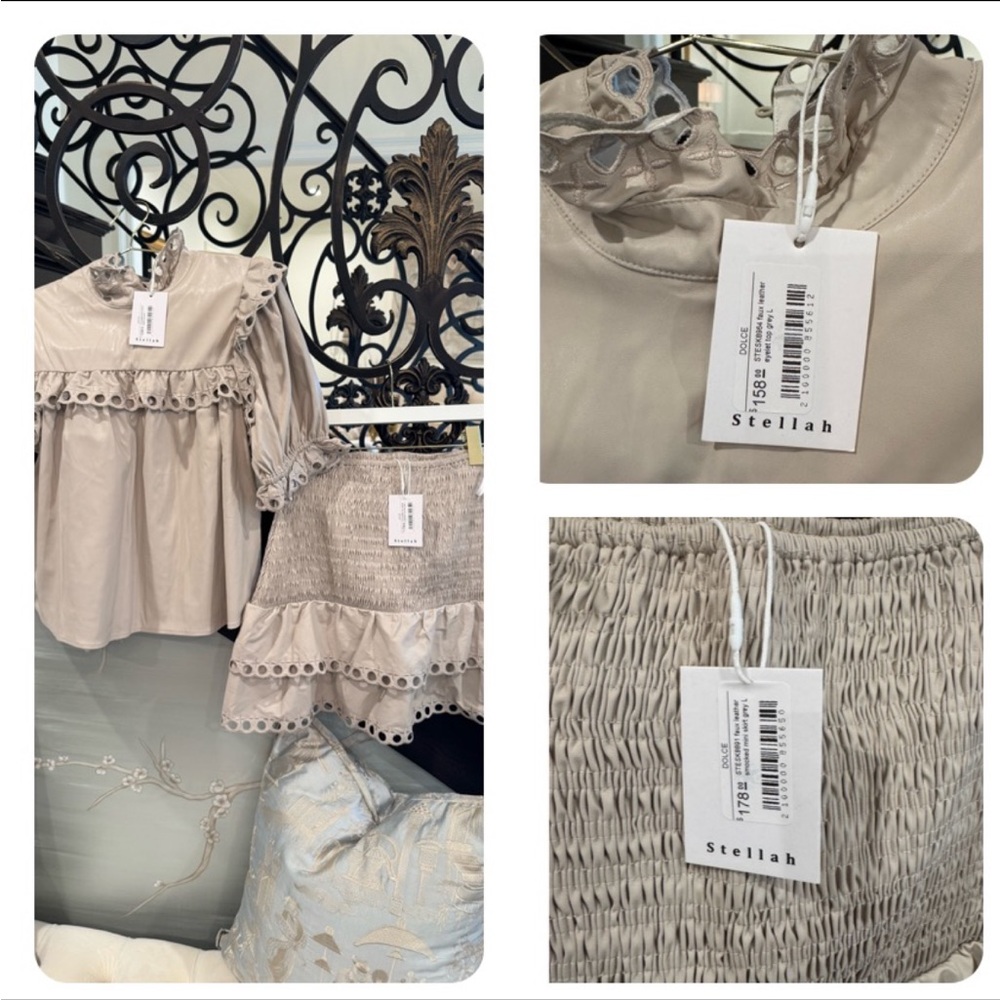 Stellah Tan Smocked Ruffled Blouse with Bib Collar and smocked mini skirt